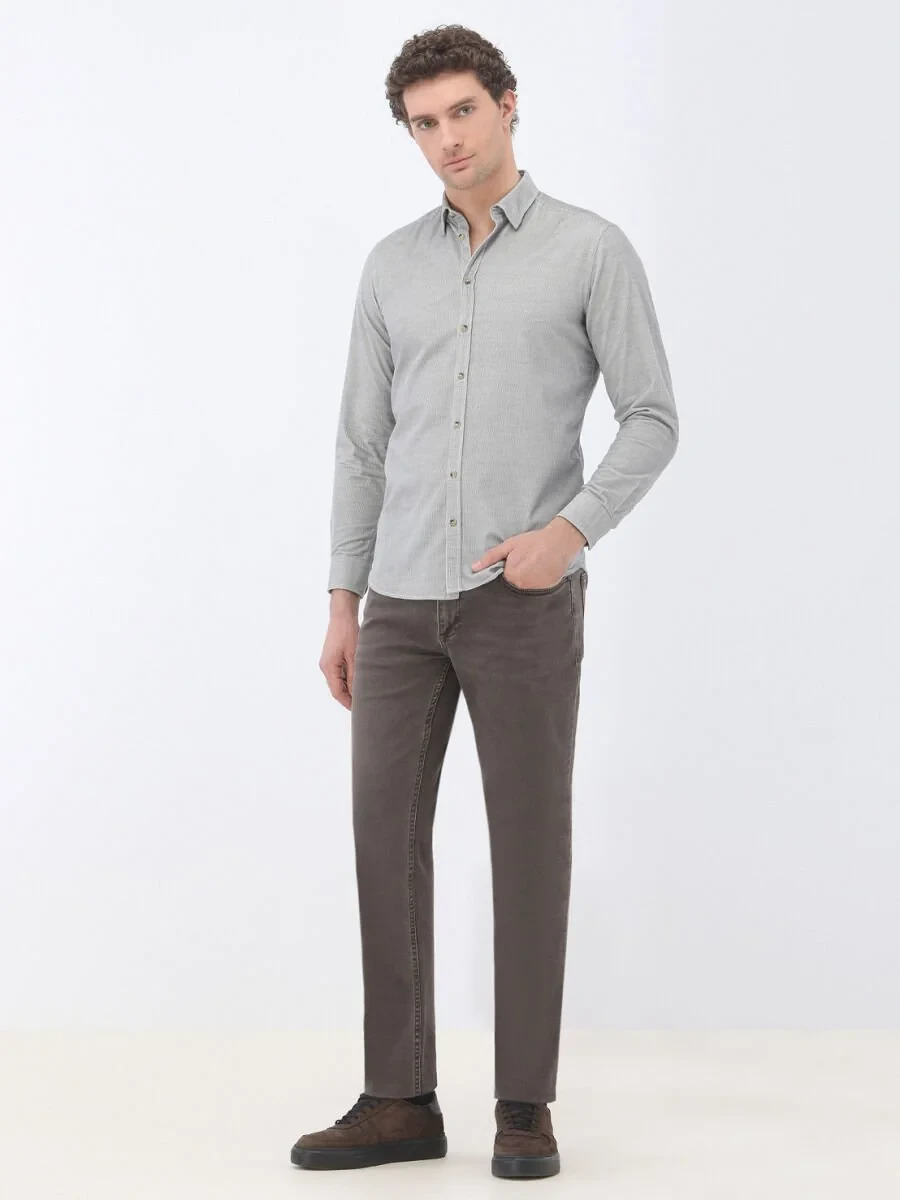 Grey Ribbed Regular Fit Weaving Casual 100% Cotton Shirt - 2