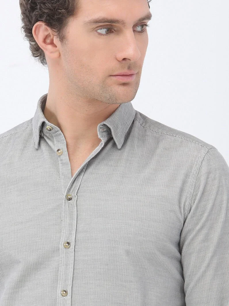 Grey Ribbed Regular Fit Weaving Casual 100% Cotton Shirt - 4