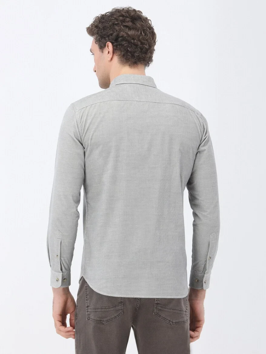 Grey Ribbed Regular Fit Weaving Casual 100% Cotton Shirt - 5