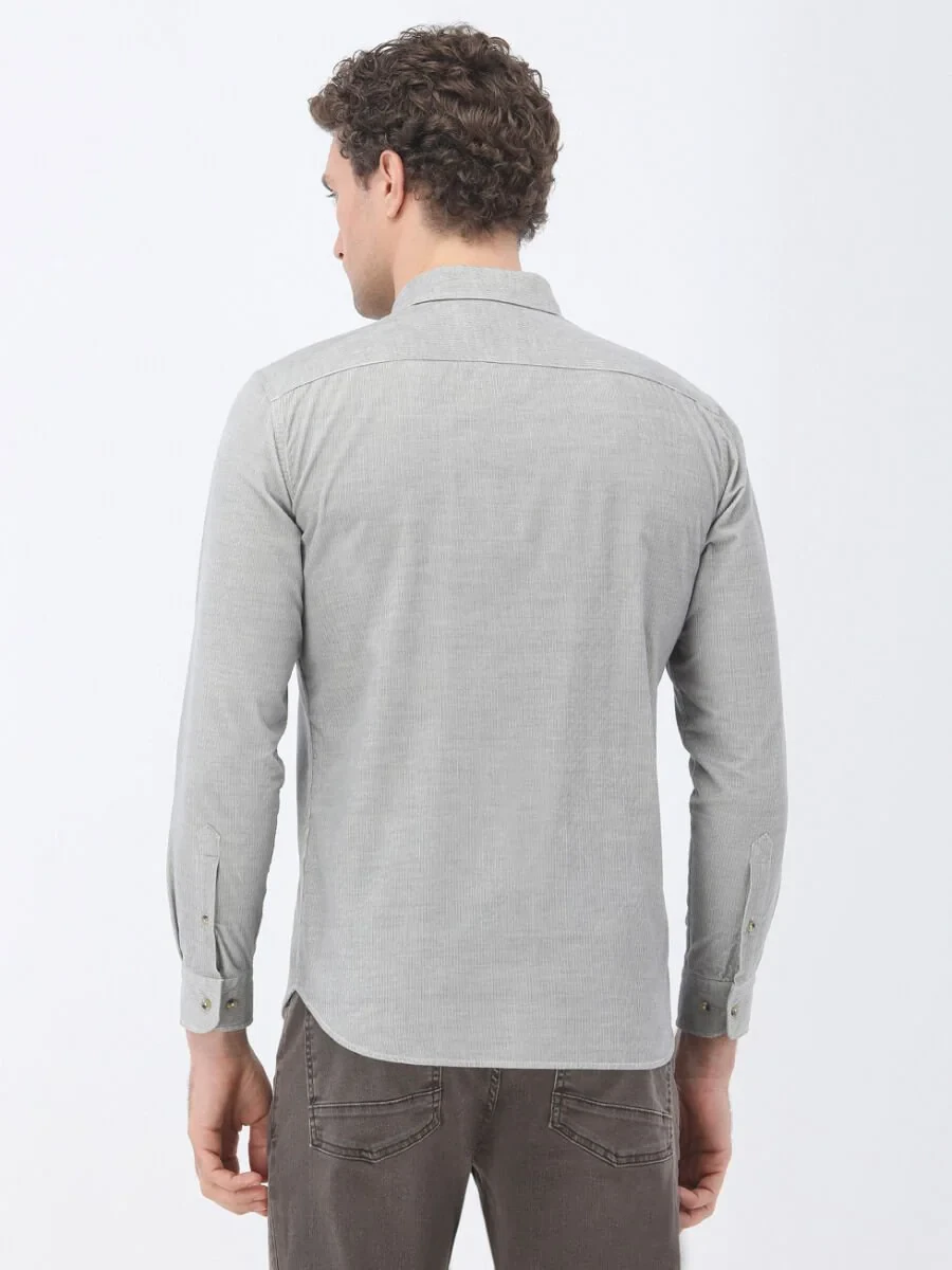 Grey Ribbed Regular Fit Weaving Casual 100% Cotton Shirt - 5