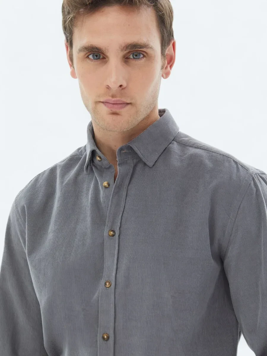 Grey Ribbed Regular Fit Weaving Casual 100% Cotton Shirt - 4