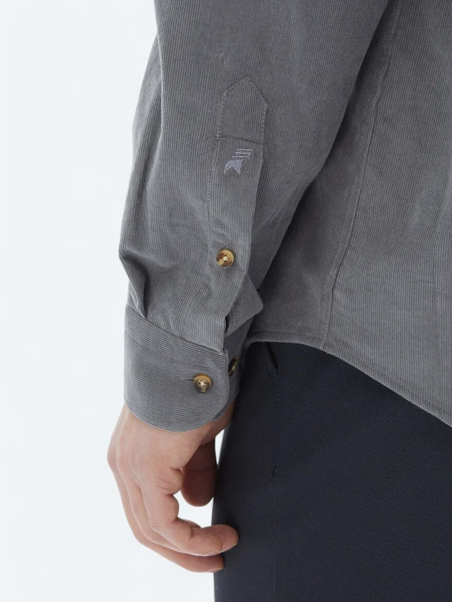 Grey Ribbed Regular Fit Weaving Casual 100% Cotton Shirt - 5