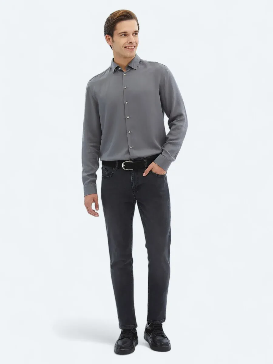 Grey Ribbed Regular Fit Weaving Casual Shirt - 2