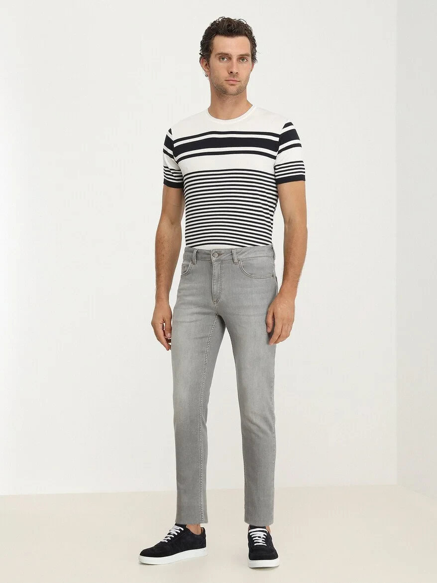 Grey Slim Fit Denim Cotton Blended Trousers - 2