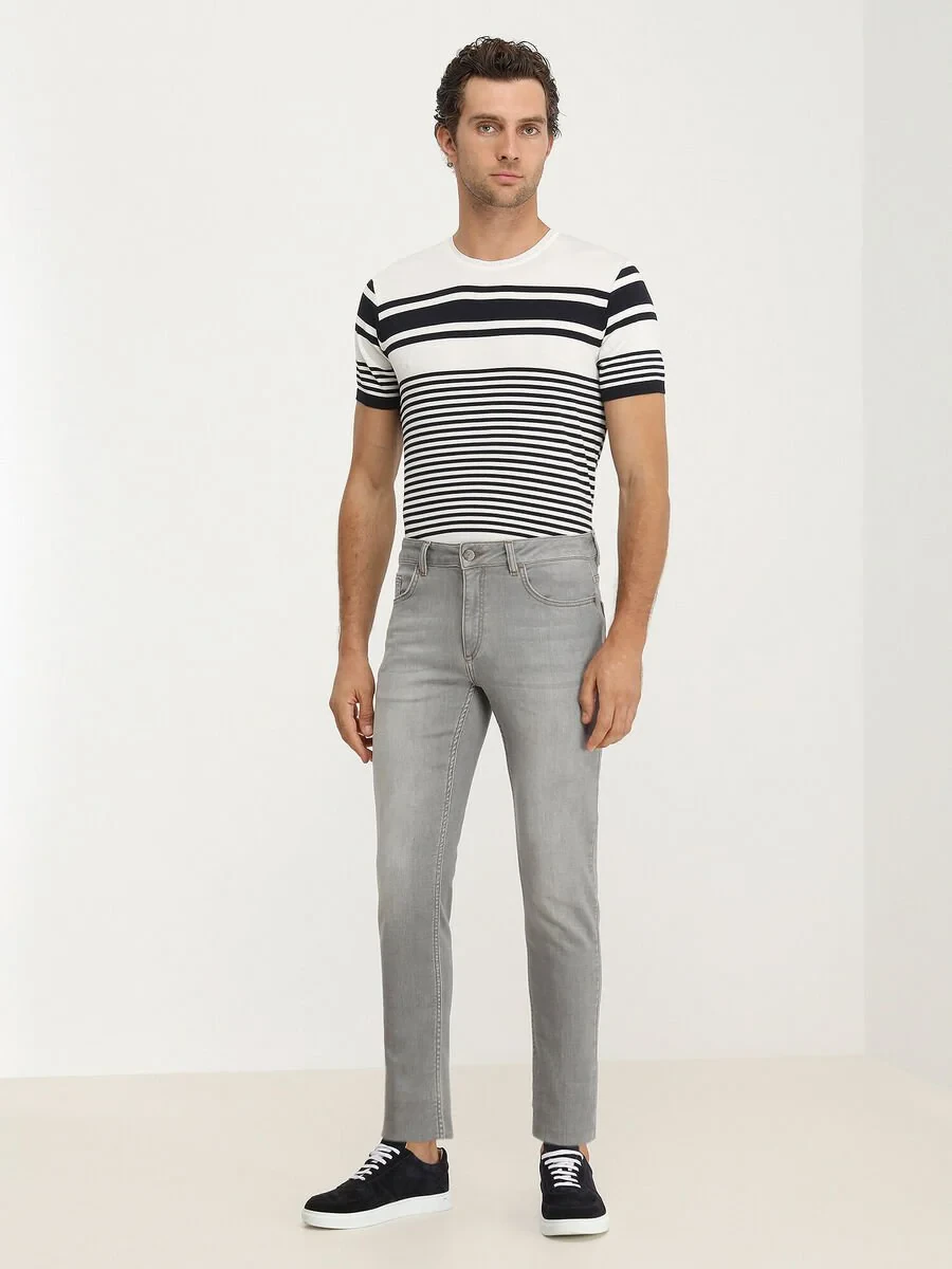 Grey Slim Fit Denim Cotton Blended Trousers - 2