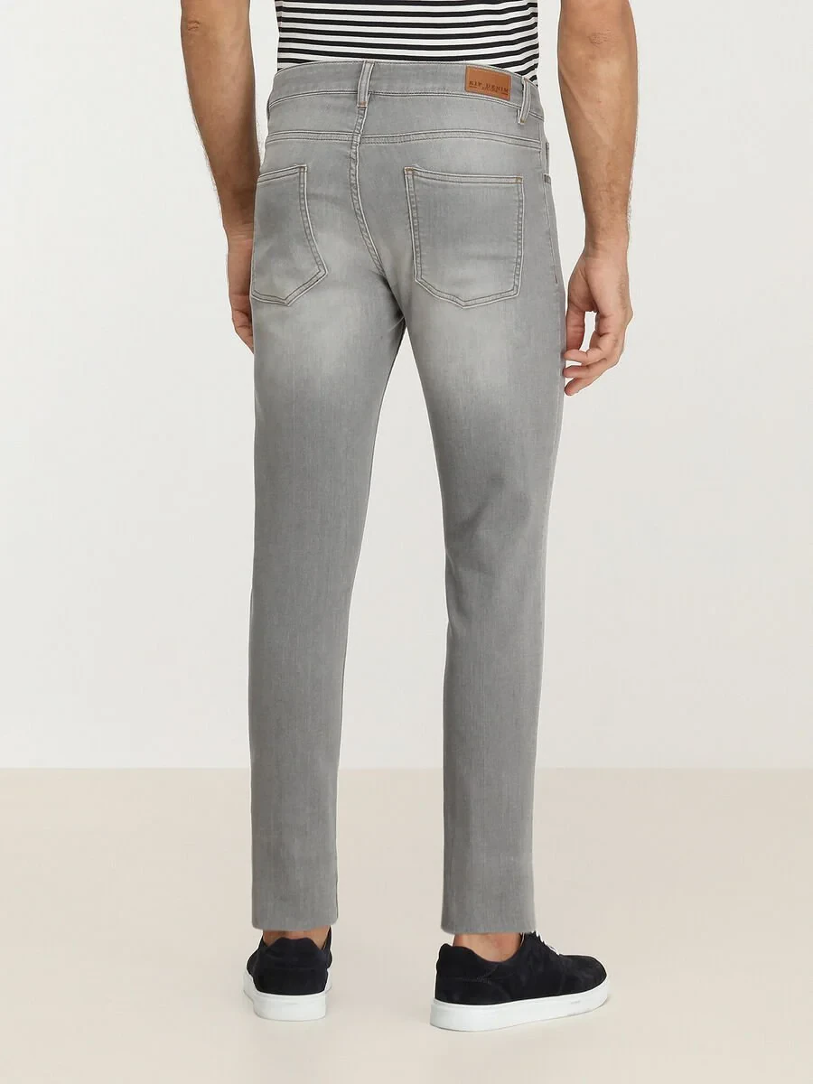 Grey Slim Fit Denim Cotton Blended Trousers - 4