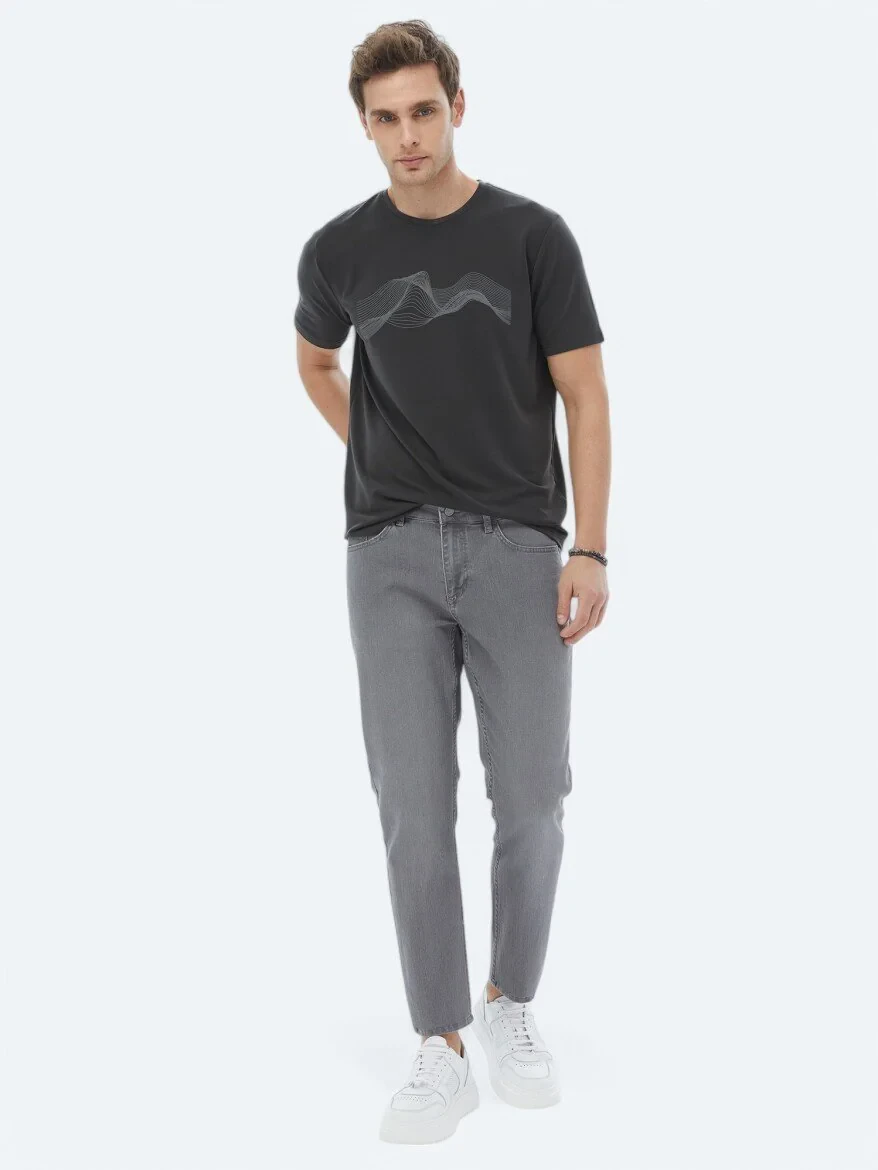 Grey Slim Fit Denim Cotton Blended Trousers - 1