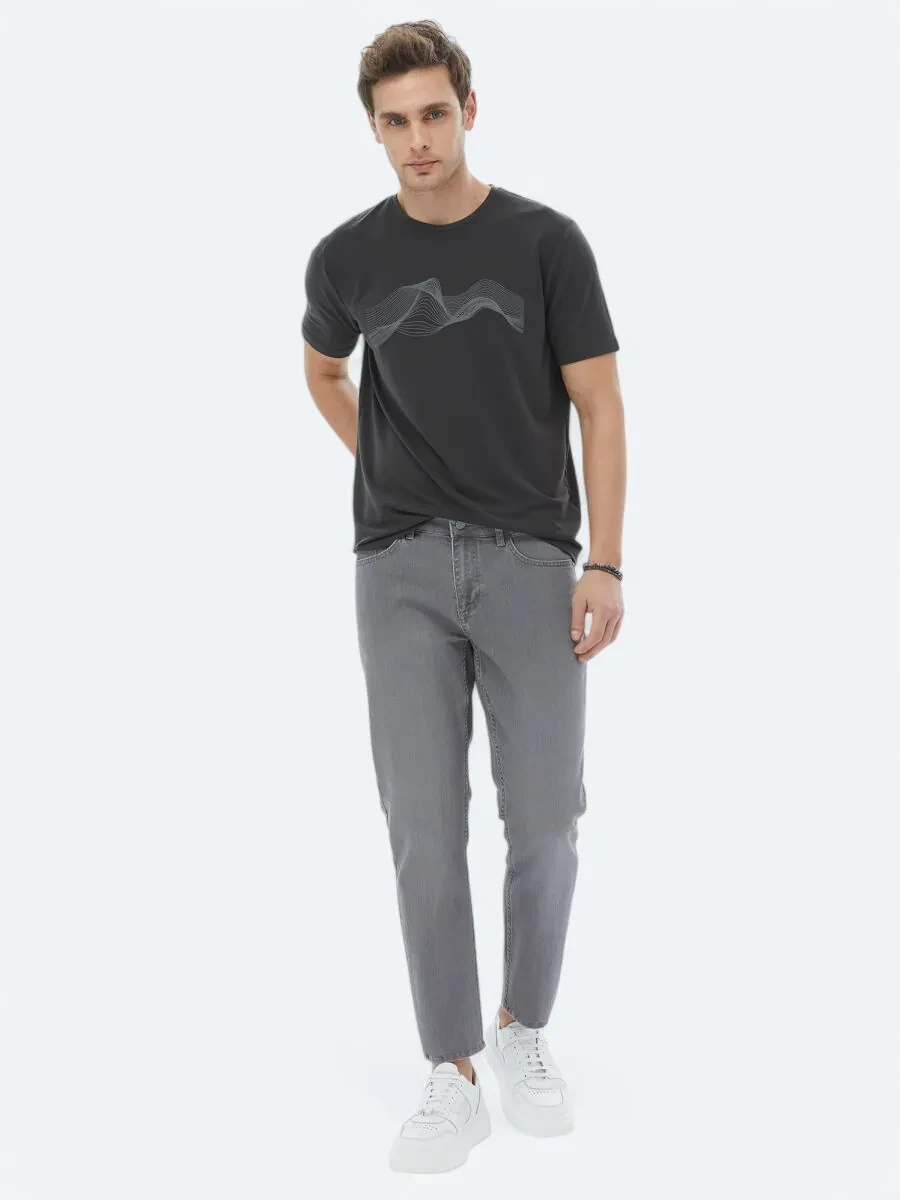 Grey Slim Fit Denim Cotton Blended Trousers - 1