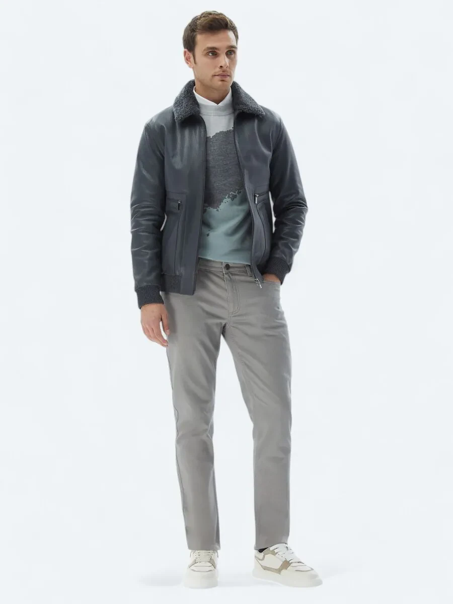 Grey Slim Fit Denim Cotton Blended Trousers - 1