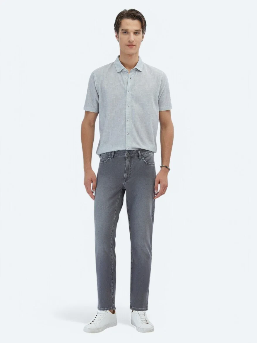 Grey Slim Fit Denim Cotton Blended Trousers - 1