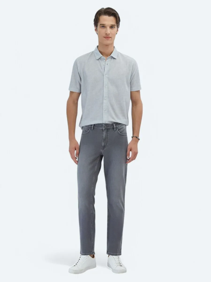 Grey Slim Fit Denim Cotton Blended Trousers - 1