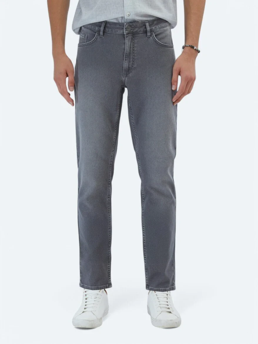 Grey Slim Fit Denim Cotton Blended Trousers - 2