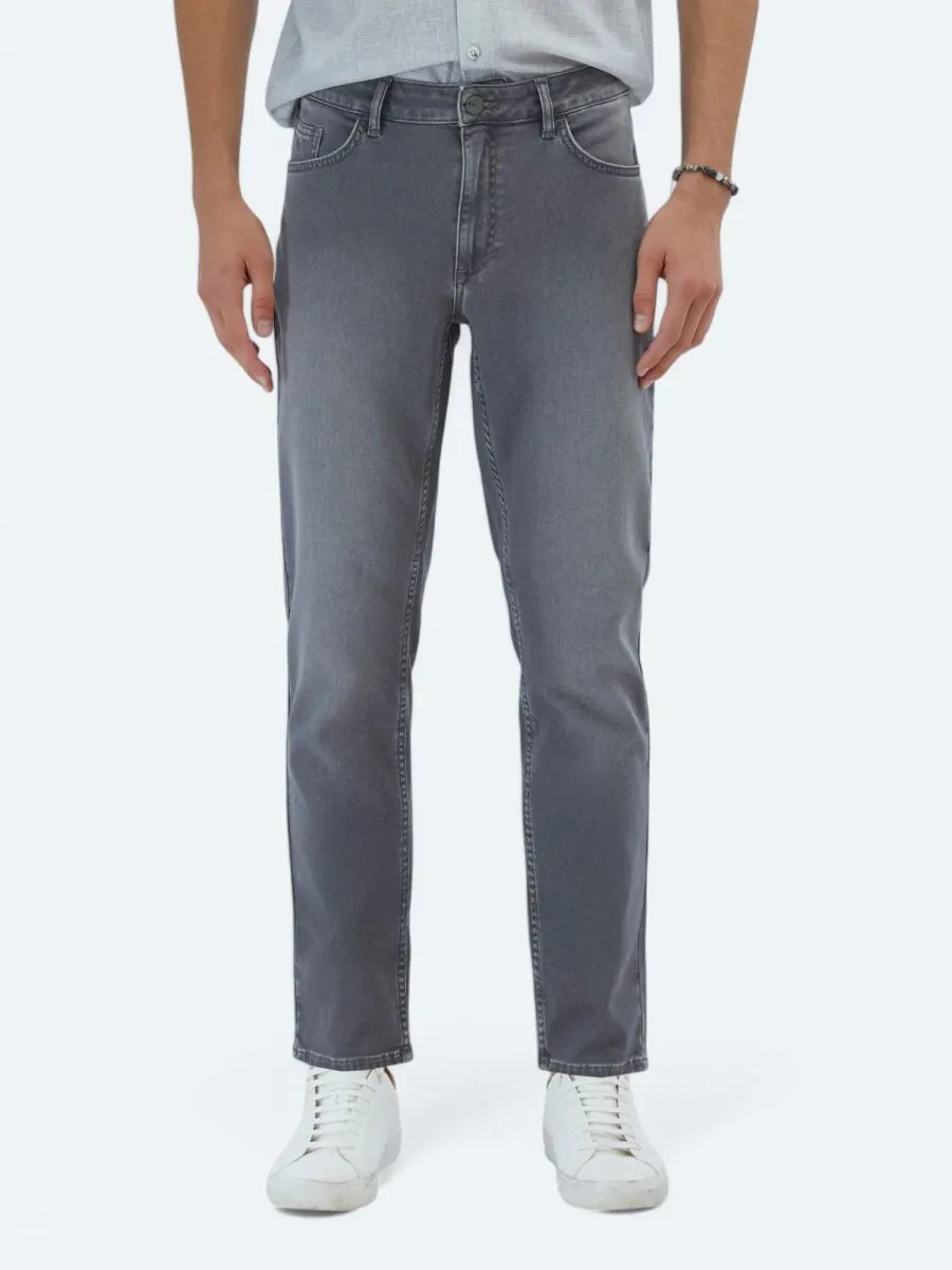 Grey Slim Fit Denim Cotton Blended Trousers - 2