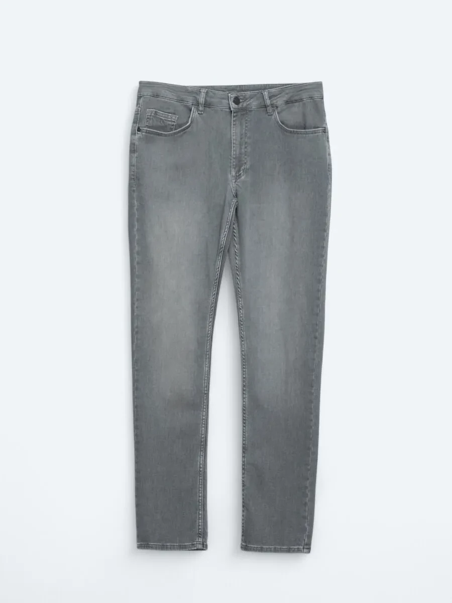 Grey Slim Fit Denim Cotton Blended Trousers - 5
