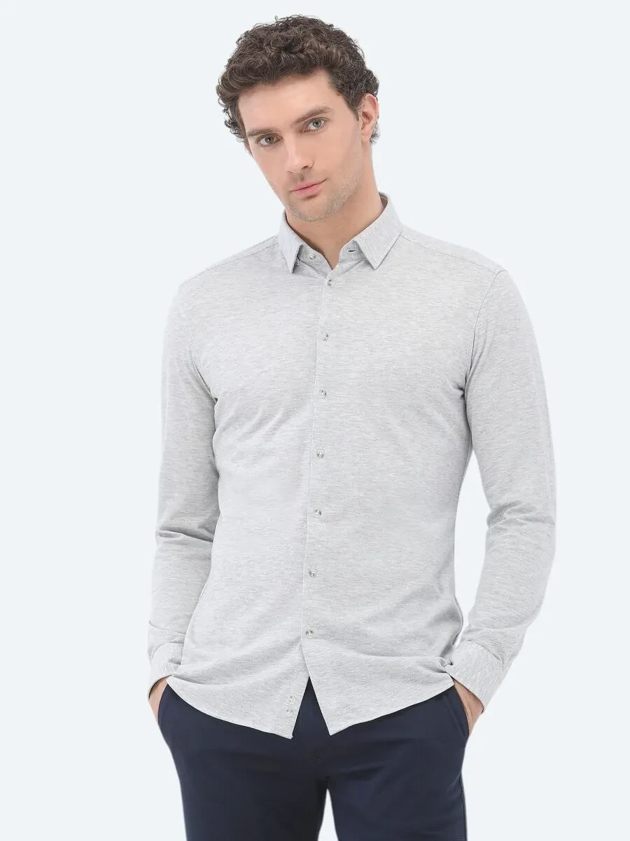 Grey Slim Fit Knitting Casual 100% Cotton Shirt - 1