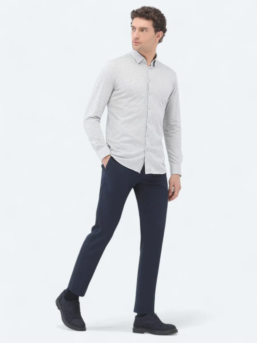 Grey Slim Fit Knitting Casual 100% Cotton Shirt - 2