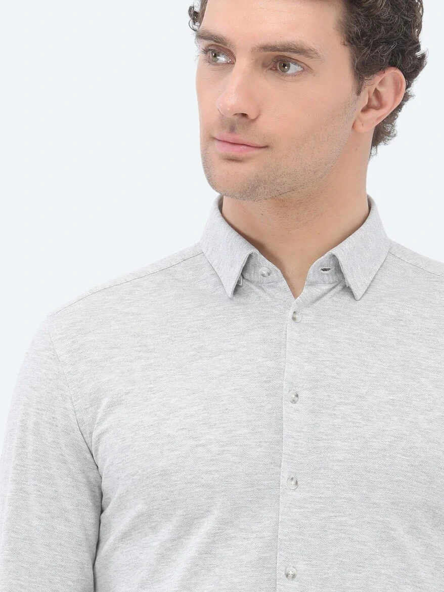 Grey Slim Fit Knitting Casual 100% Cotton Shirt - 3