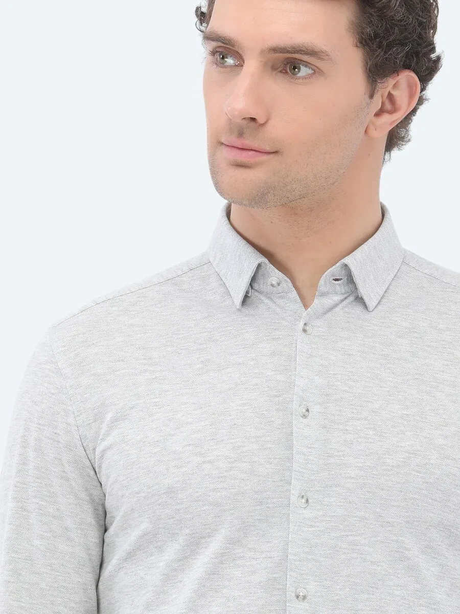 Grey Slim Fit Knitting Casual 100% Cotton Shirt - 3
