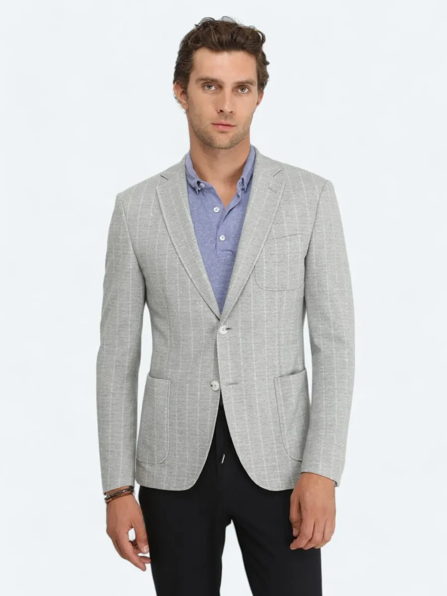 Grey Striped Modern Fit Jacket - 1