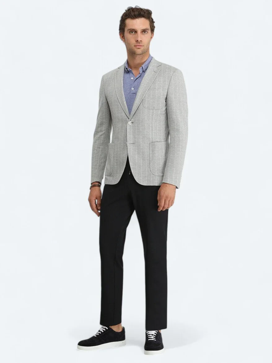 Grey Striped Modern Fit Jacket - 2