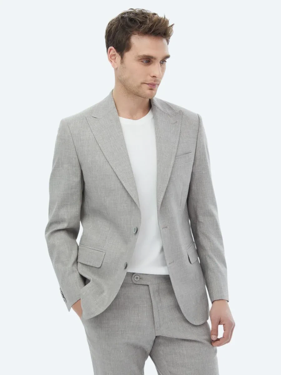Grey Striped Modern Fit Linen Blended Suit - 1