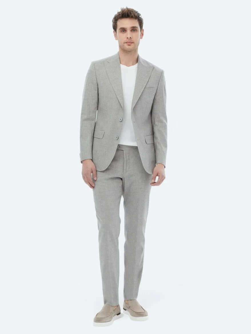 Grey Striped Modern Fit Linen Blended Suit - 7
