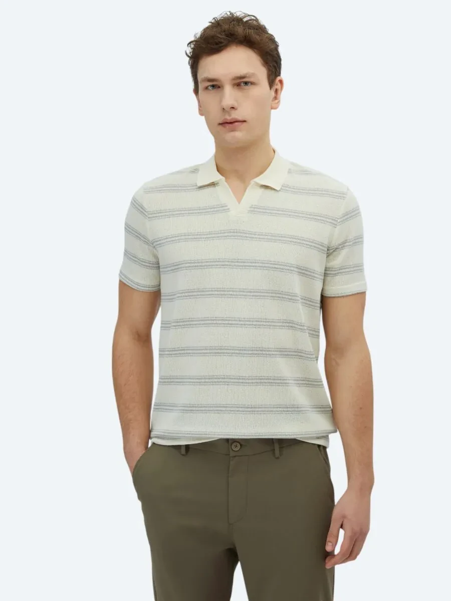 Grey Striped Polo Neck Cotton Blended T-Shirt - 1