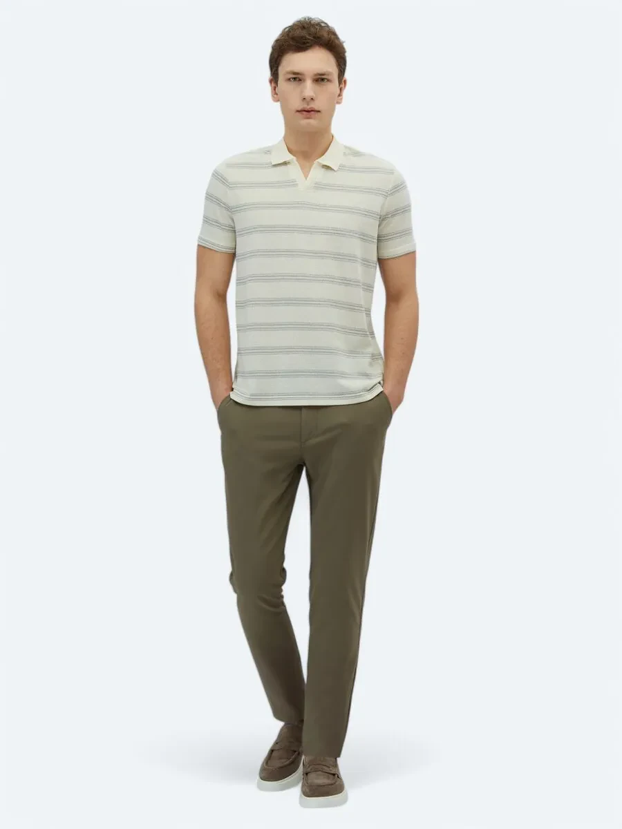 Grey Striped Polo Neck Cotton Blended T-Shirt - 2