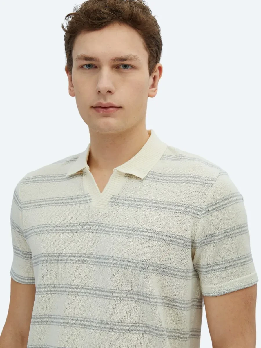 Grey Striped Polo Neck Cotton Blended T-Shirt - 3