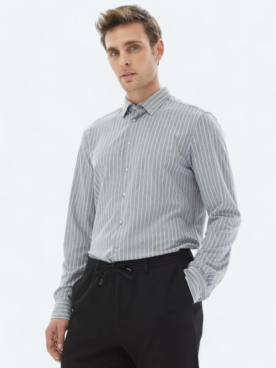 Grey Striped Regular Fit Knitting Casual Cotton Blended Shirt - 1