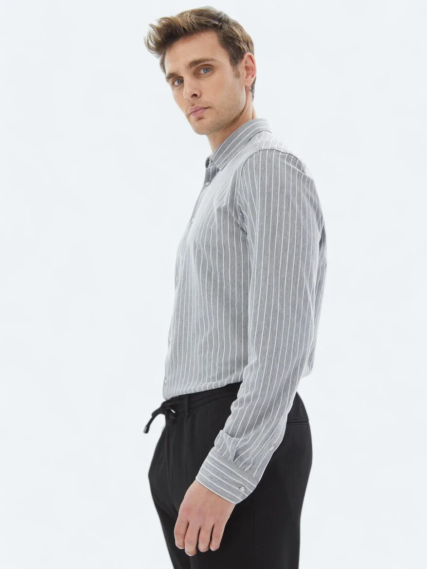 Grey Striped Regular Fit Knitting Casual Cotton Blended Shirt - 3