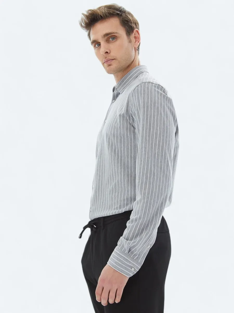 Grey Striped Regular Fit Knitting Casual Cotton Blended Shirt - 3