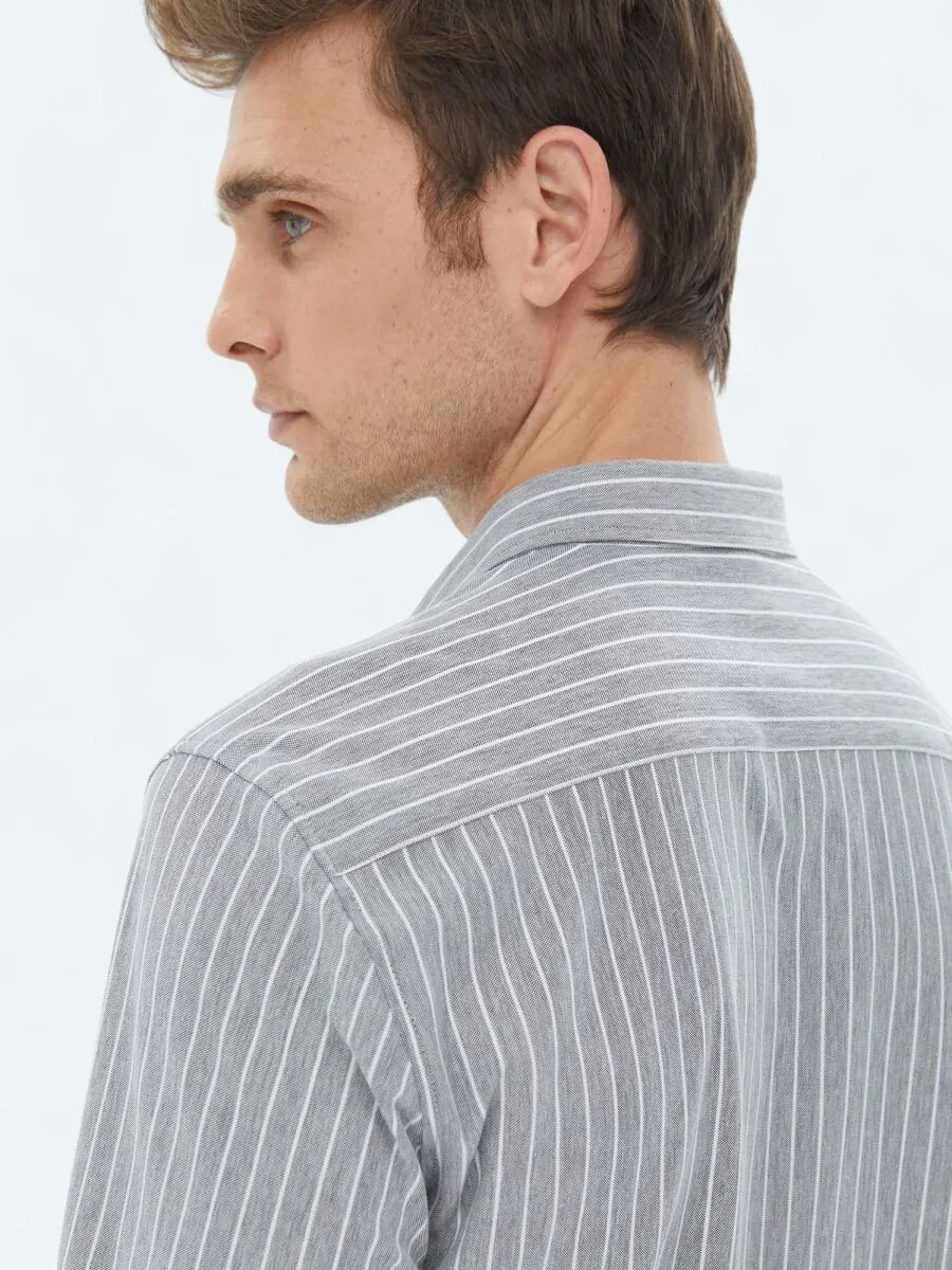 Grey Striped Regular Fit Knitting Casual Cotton Blended Shirt - 5