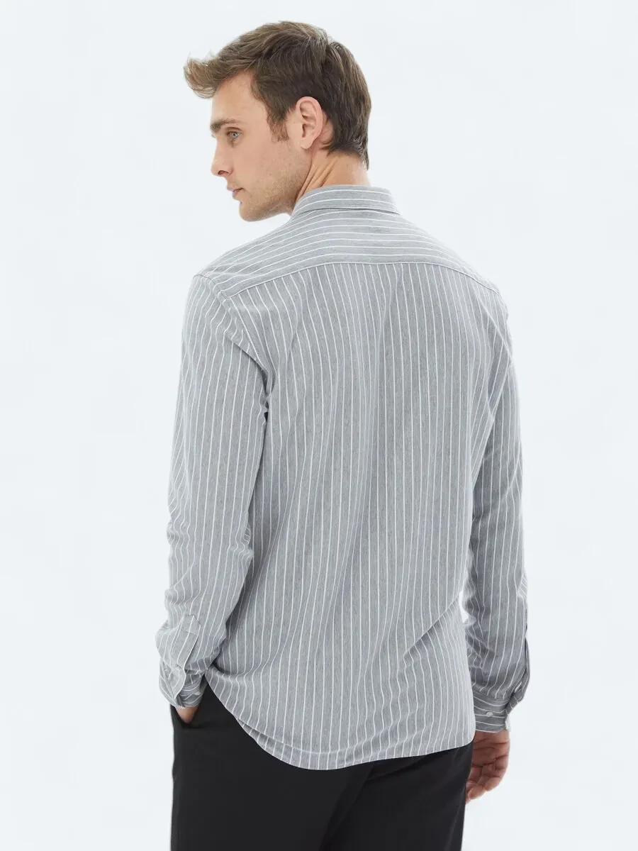 Grey Striped Regular Fit Knitting Casual Cotton Blended Shirt - 6