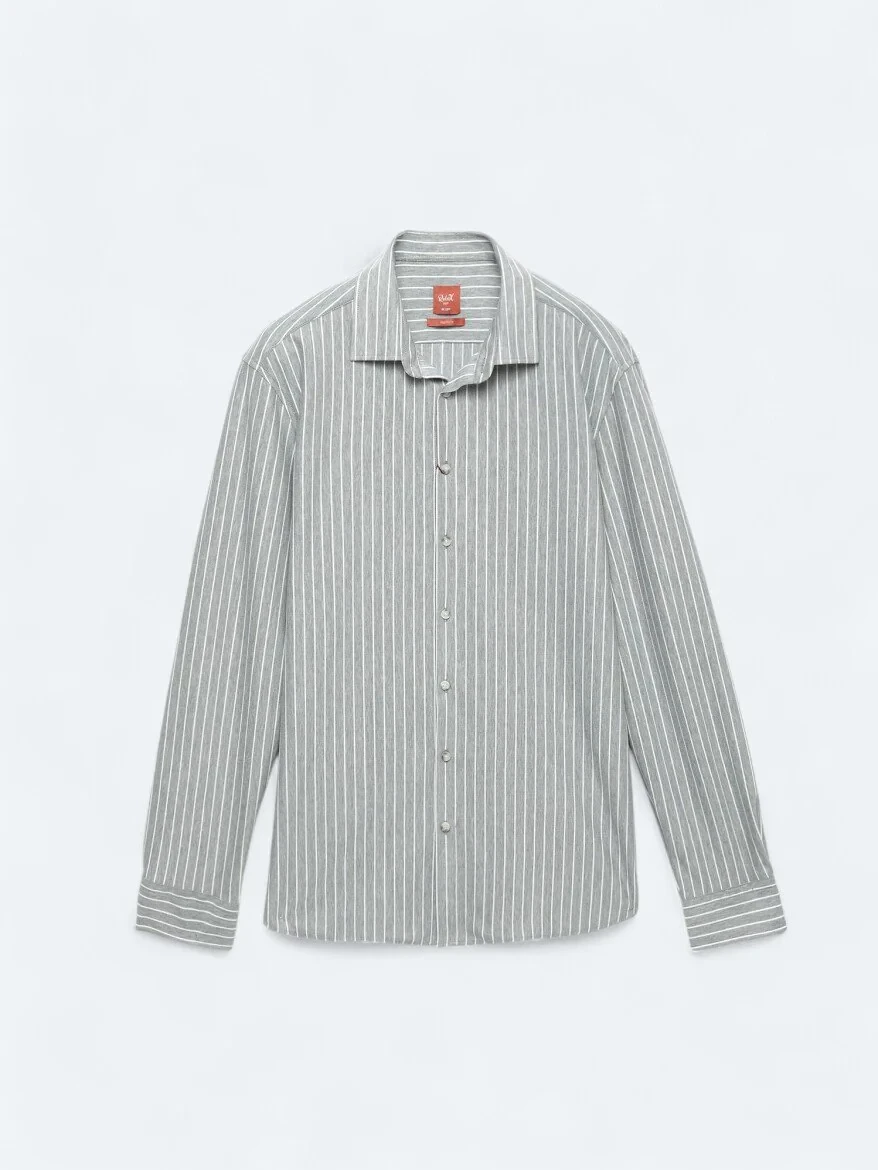 Grey Striped Regular Fit Knitting Casual Cotton Blended Shirt - 7