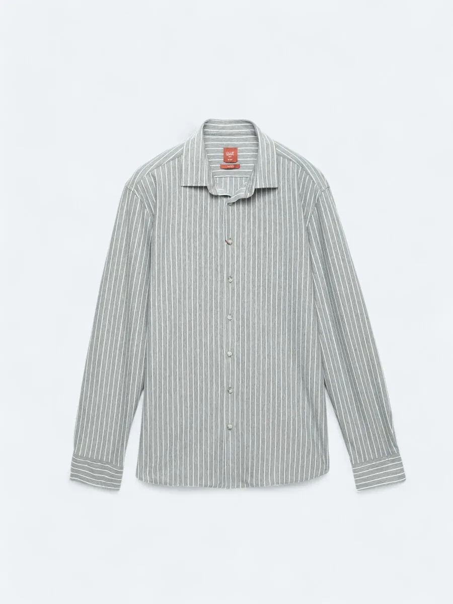 Grey Striped Regular Fit Knitting Casual Cotton Blended Shirt - 7
