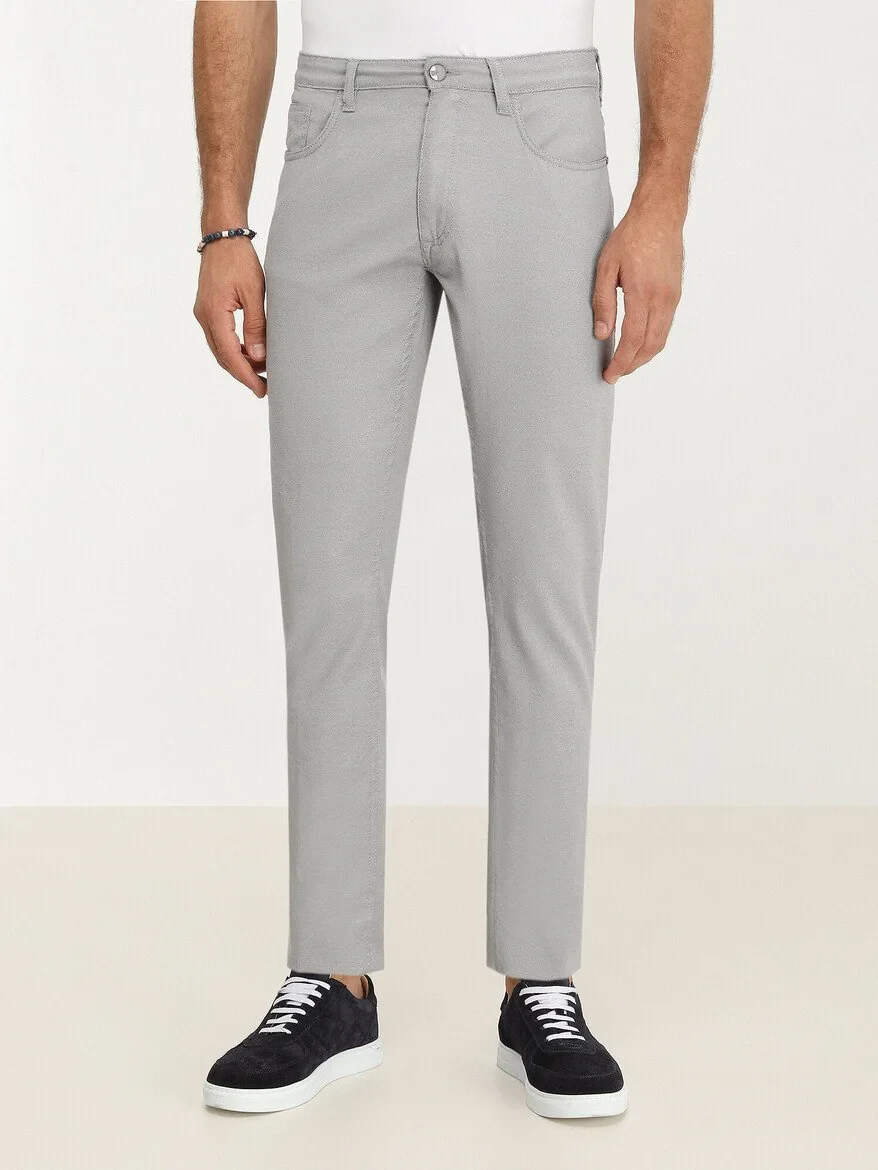 Grey Weaving Slim Fit Casual Cotton Blended Trousers - 1
