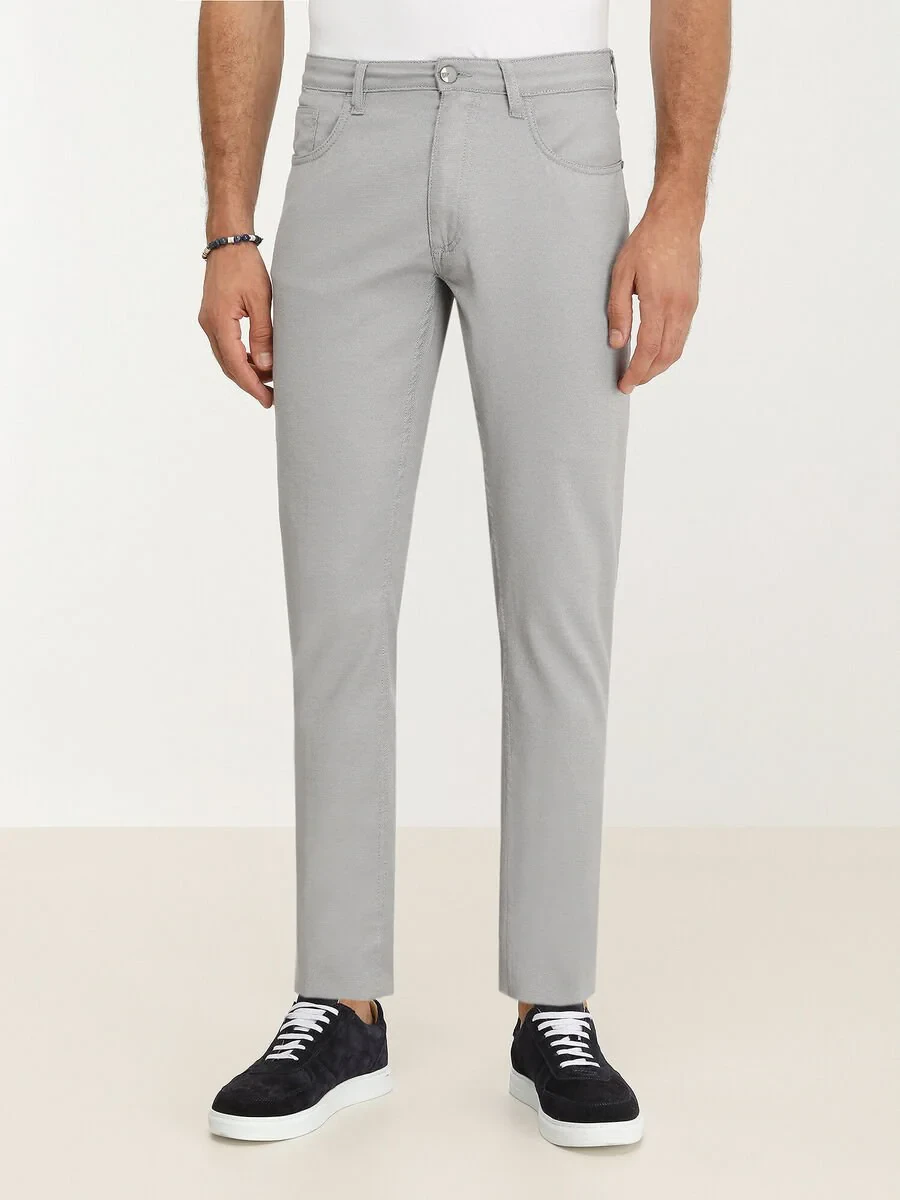 Grey Weaving Slim Fit Casual Cotton Blended Trousers - 1