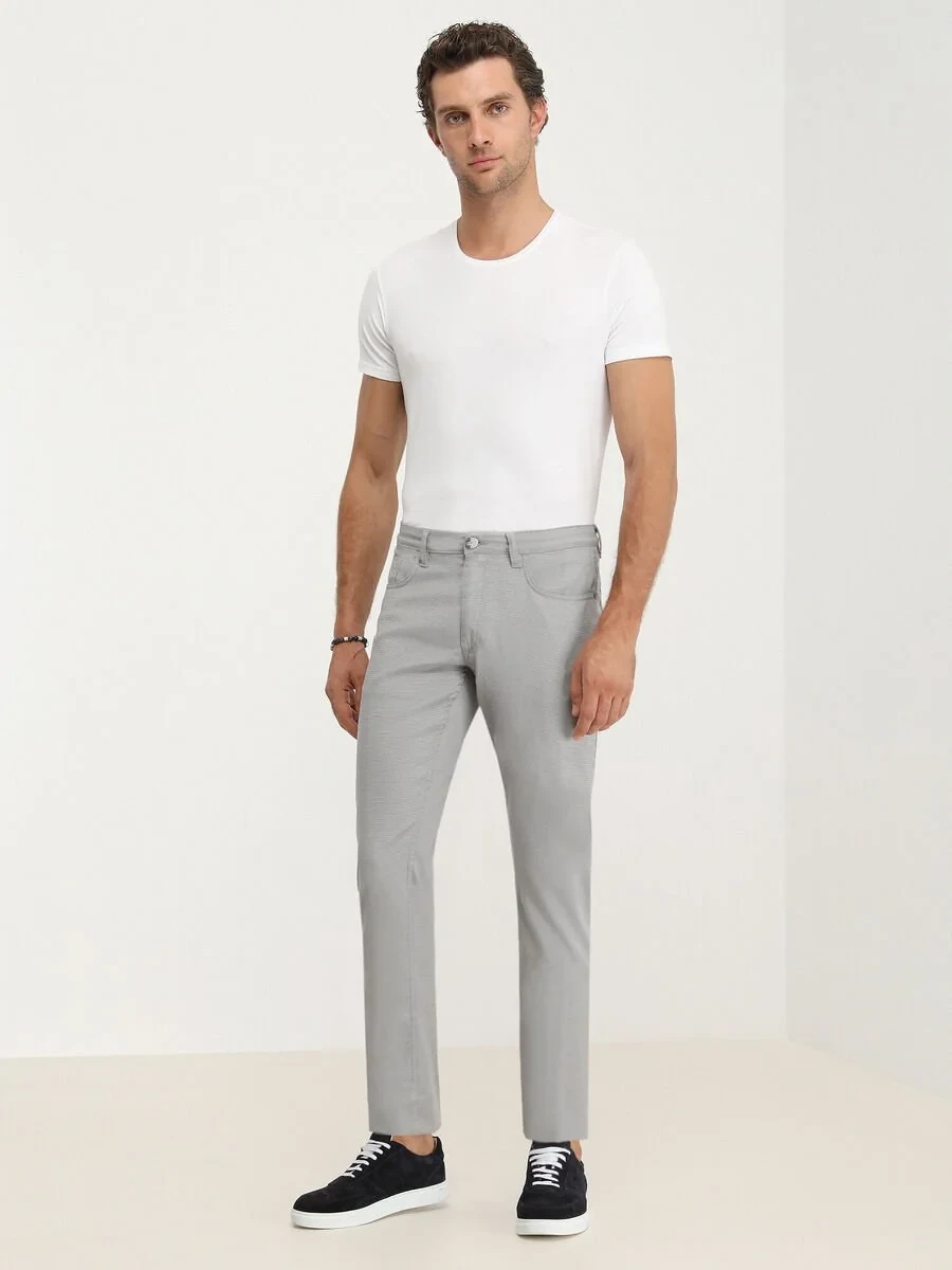 Grey Weaving Slim Fit Casual Cotton Blended Trousers - 2