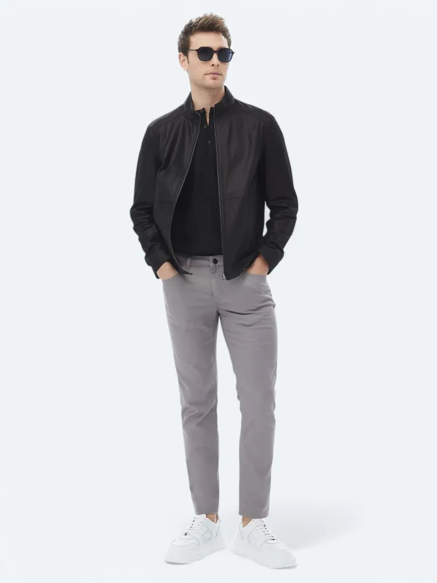 Grey Weaving Slim Fit Casual Cotton Blended Trousers - 1