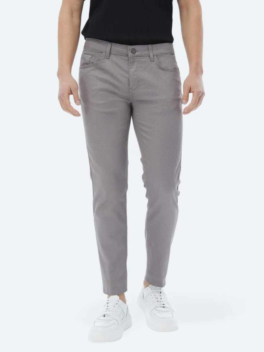 Grey Weaving Slim Fit Casual Cotton Blended Trousers - 2