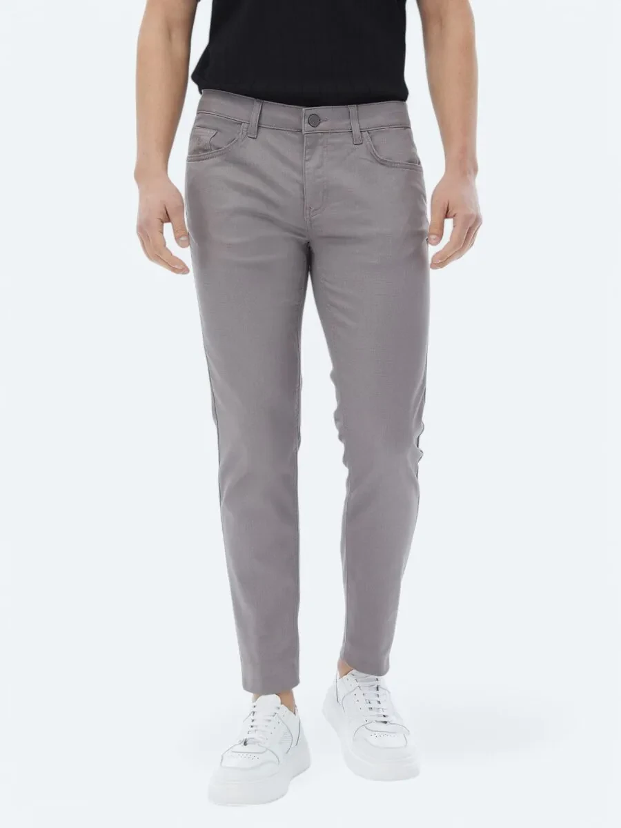 Grey Weaving Slim Fit Casual Cotton Blended Trousers - 2