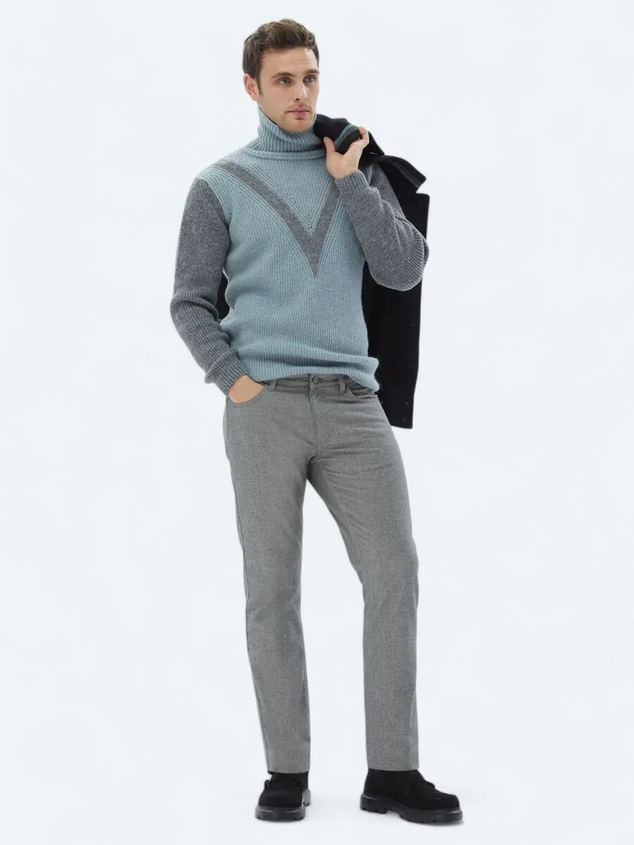 Grey Weaving Slim Fit Casual Cotton Blended Trousers - 1