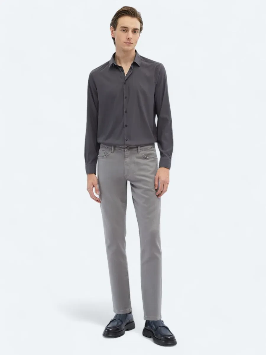 Grey Weaving Slim Fit Casual Cotton Blended Trousers - 1