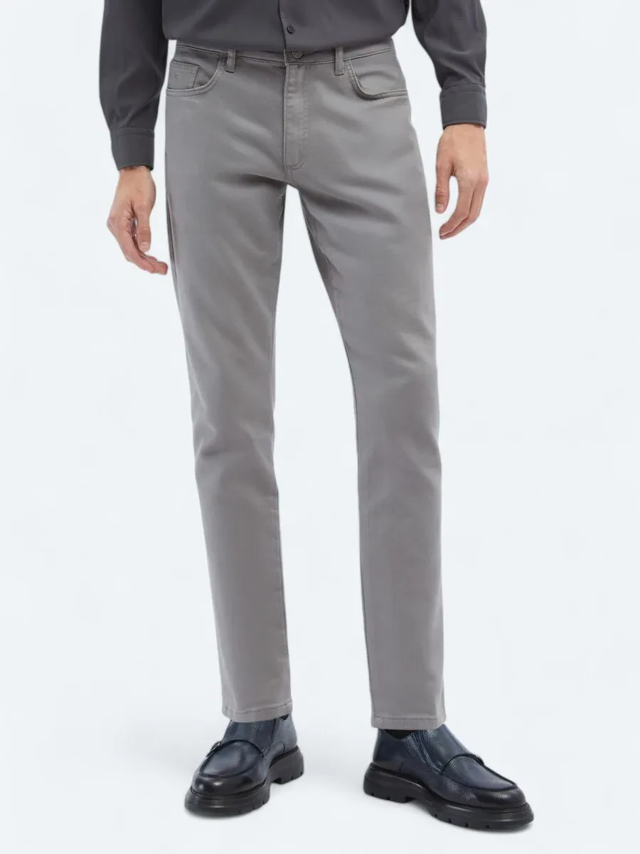 Grey Weaving Slim Fit Casual Cotton Blended Trousers - 2