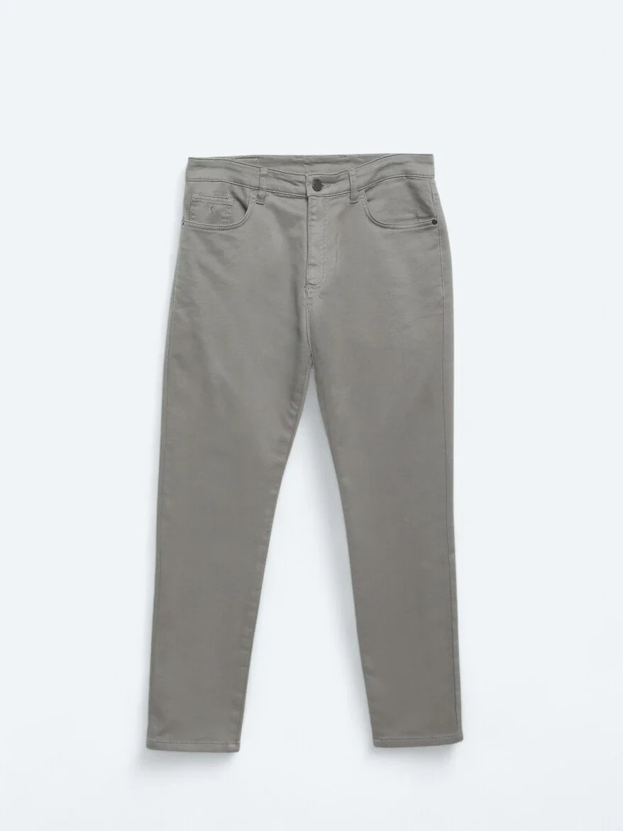 Grey Weaving Slim Fit Casual Cotton Blended Trousers - 5