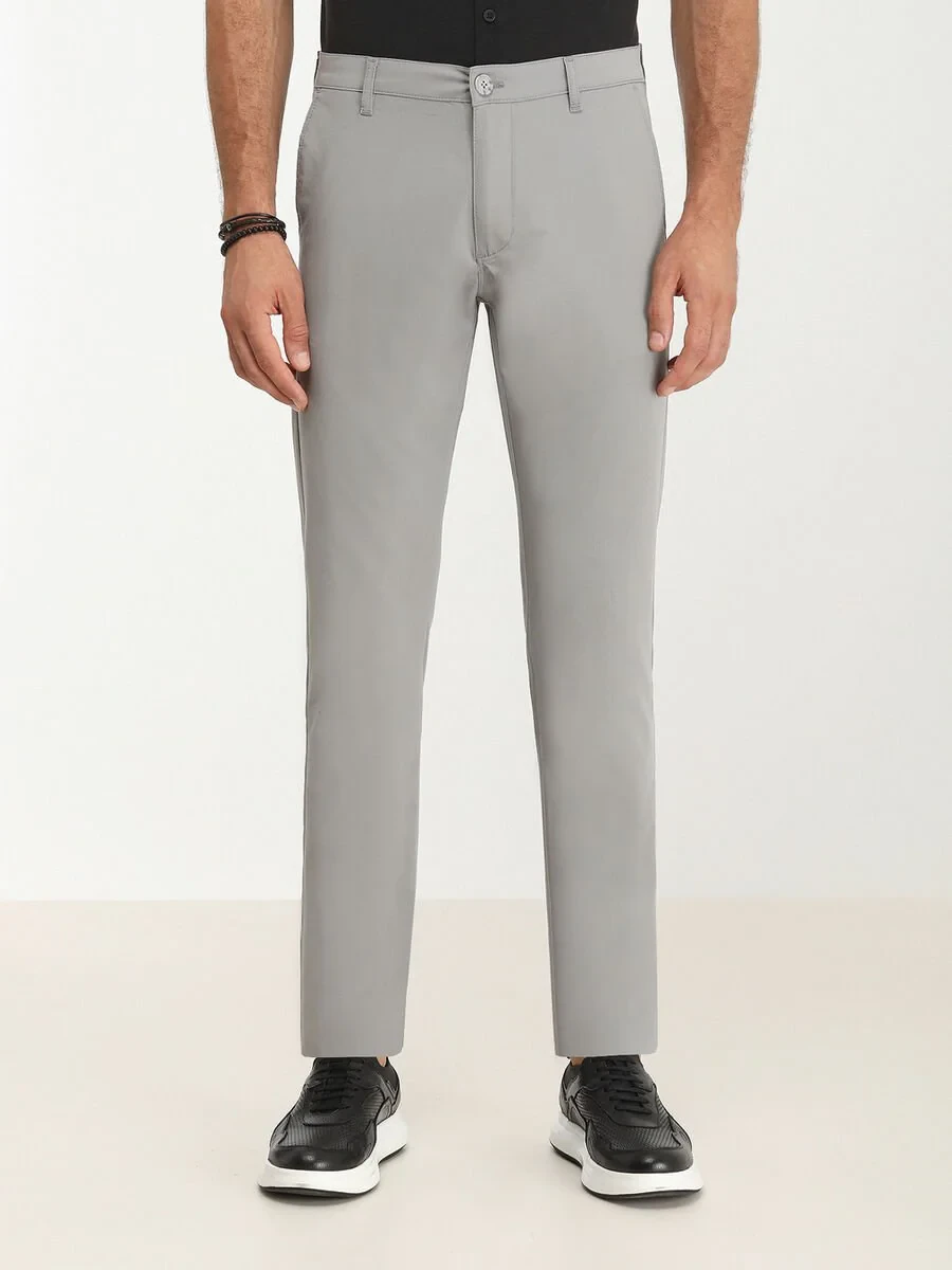 Grey Weaving Slim Fit Casual Trousers - 1