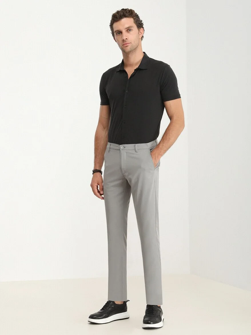 Grey Weaving Slim Fit Casual Trousers - 2