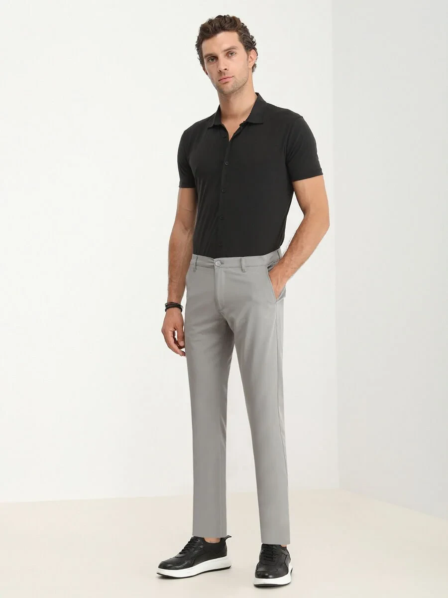 Grey Weaving Slim Fit Casual Trousers - 2