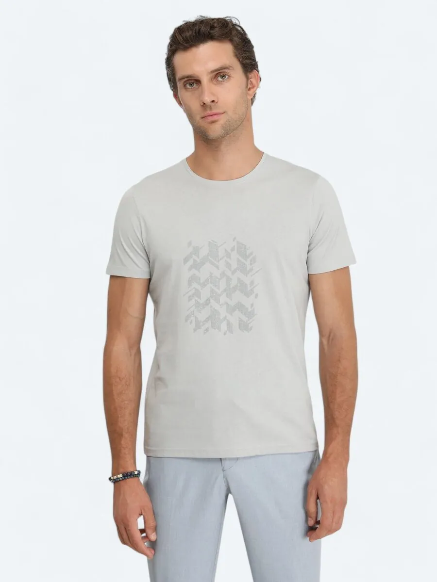 Gri Baskılı Bisiklet Yaka %100 Pamuk T-Shirt - 1